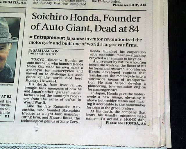 Erster Bericht über den Tod von Soichiro Honda – Los Angeles Times 1991